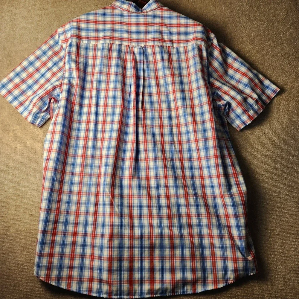 Saddlebred Button Down Shirt Mens LT Blue Red Plaid Short Sleeve Classic Fit